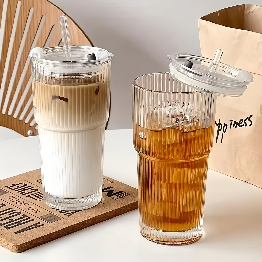 2pcs Ribbed Glass with Straw And Plastic Lid And Straw Brush, Perfect for Iced Coffee, Juice, Smoothie Cocktails, Etc., Suitable for Home, Office, Party Supplies, 20 Ounces