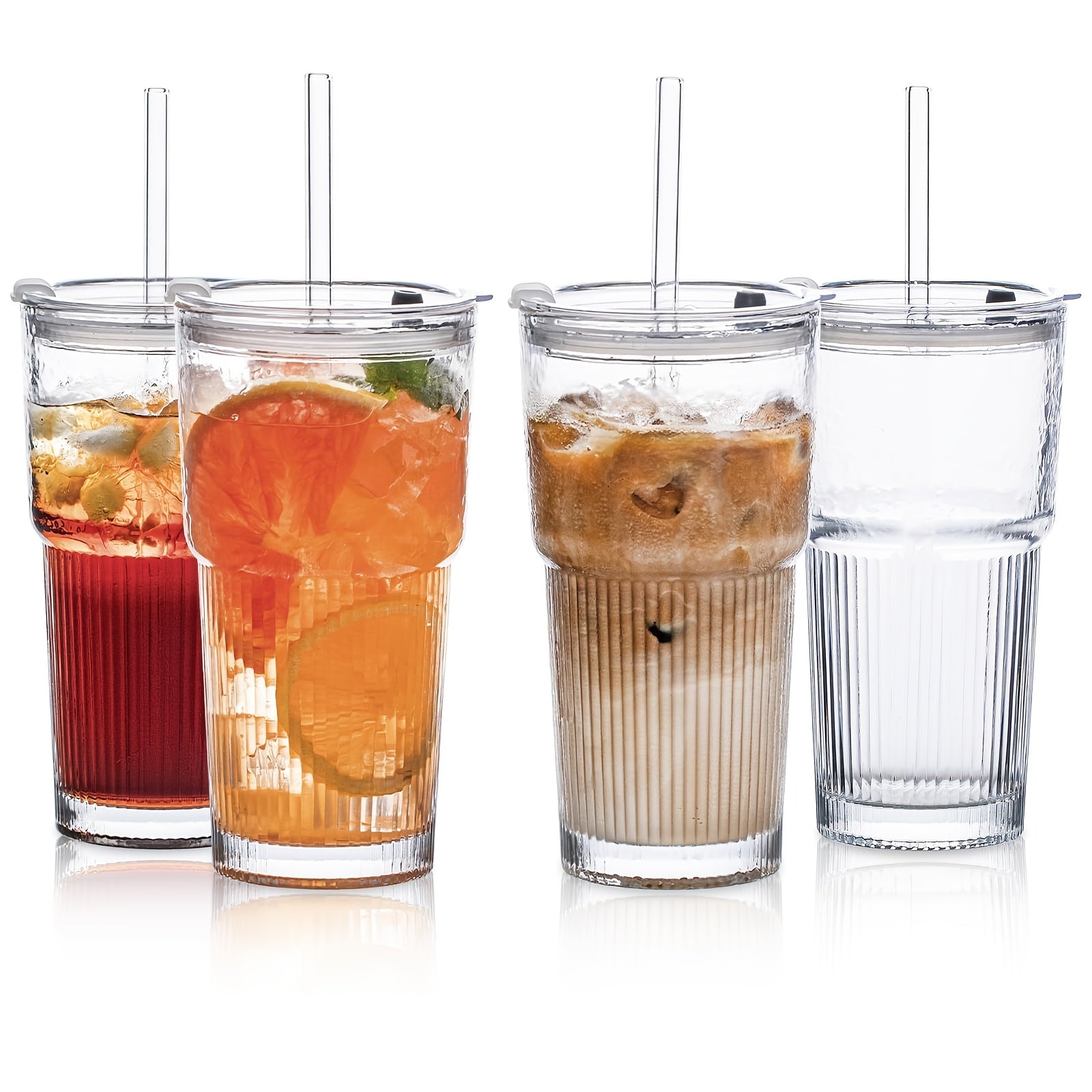 Glasses With Lid And Straw, Set Of 4 - Stylish Ribbed Design Drinking Cups For Iced Coffee Cups, Juices, Smoothies, Cold Drinks, Cleaning Brushes Included, Durable Glassware