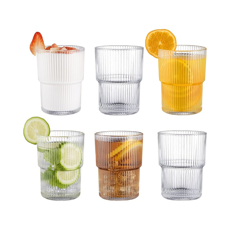 6pcs, 200ml/6.8oz Stackable Ribbed Glass Cups, Iced Coffee Cups, Juice Cups, Vertical Striped Retro Glass Cups, Reusable Glass Cups, Suitable for Halloween, Christmas, Easter, Thanksgiving