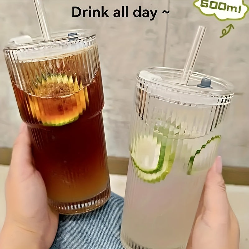 1pc 20.29oz Large Striped Glass Cup with Lid - Insulated, Reusable for Cold Drinks, Juice & Coffee - Ideal for Home, Office, and Holiday Gatherings, Hand Wash Only, Versatile Drinkware | Stylish Drinkware | Insulated Glass Cup