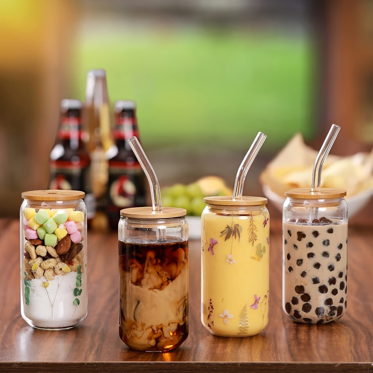 12pcs Glass Set, 16oz Iced Coffee Mug with Bamboo Lid And Glass Straw - Canister Shaped Clear Glass Drink Cups for Smoothies, Boba Tea, Whiskey, And Water In A Cute Non-tipping Glass - 4 Cleaning Brushes.