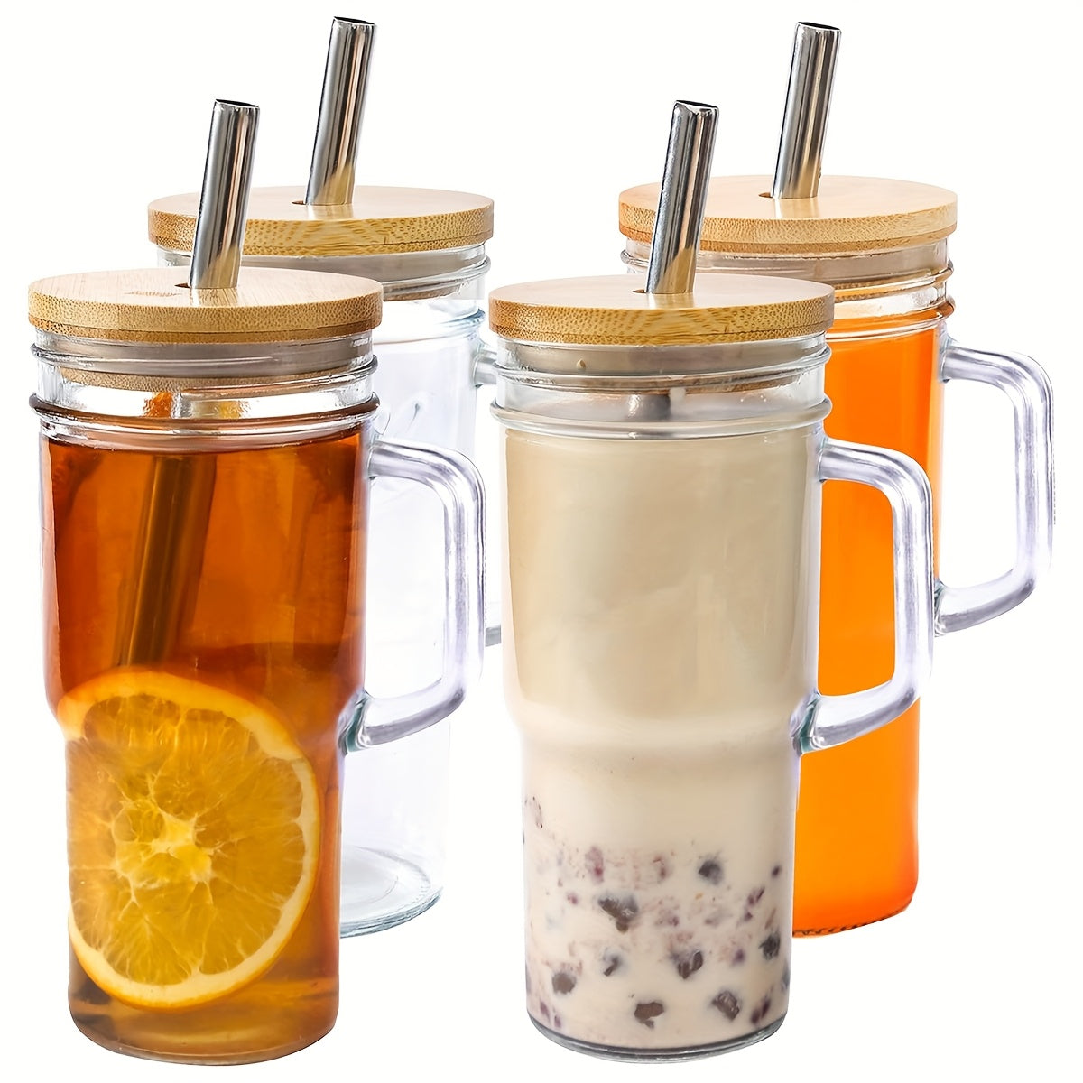 2pcs/4pcs Glass Cups With Lids And Straws, 24 Oz Mason Jar Drinking Glasses Tumbler With Handle, Brush, Reusable Iced Coffee Cups, Boba Tea Smoothie Cups Mother'S Day Gifts