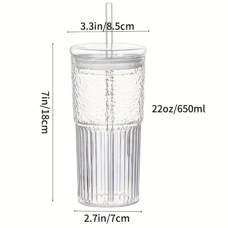 2pcs, 22oz/650ml, With Lid, Straw, Straw Brush, Ribbed Glass Cup, Reusable, Wide Mouthed Smoothie Cup, Thick Walled Glass Iced Coffee Cup, Tea Cup, Juice Cup, Also A Great Holiday, Christmas, Anniversary, Housewarming Gift For Family And Friends.