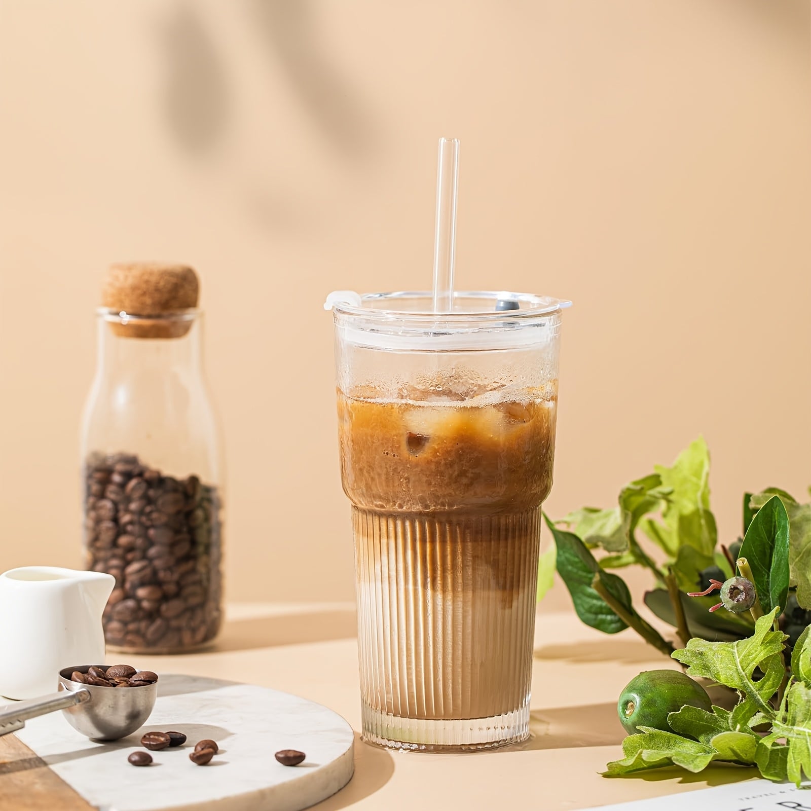Glasses With Lid And Straw, Set Of 4 - Stylish Ribbed Design Drinking Cups For Iced Coffee Cups, Juices, Smoothies, Cold Drinks, Cleaning Brushes Included, Durable Glassware