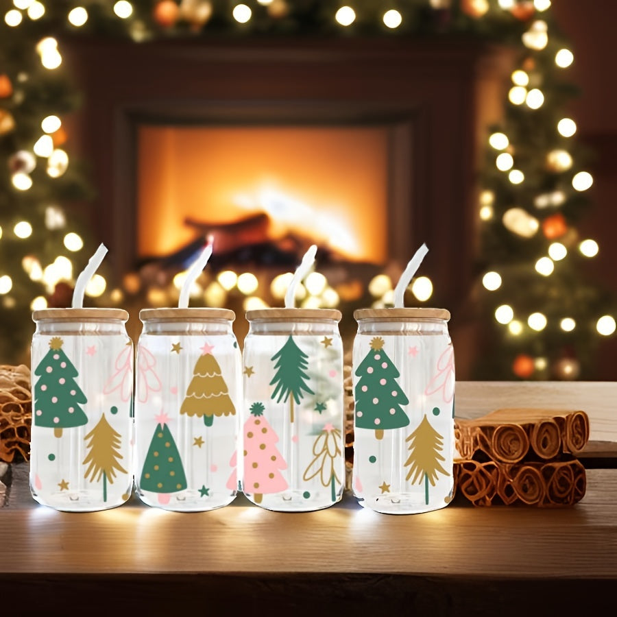 4pcs, 550ml Christmas Tree Glass With Lid And Straw, Home Office Cup, Tea, Beer, Cola, Milk Cup