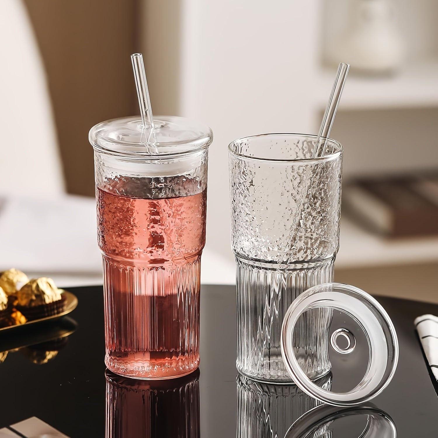 2pcs, 22oz/650ml, with lid, straw and straw brush, ribbed glass cup, reusable, wide mouth smoothie cup, thick wall glass ice coffee cup, tea cup, juice cup, also a great holiday gift, Christmas, anniversary, housewarming party gifts for family and friends