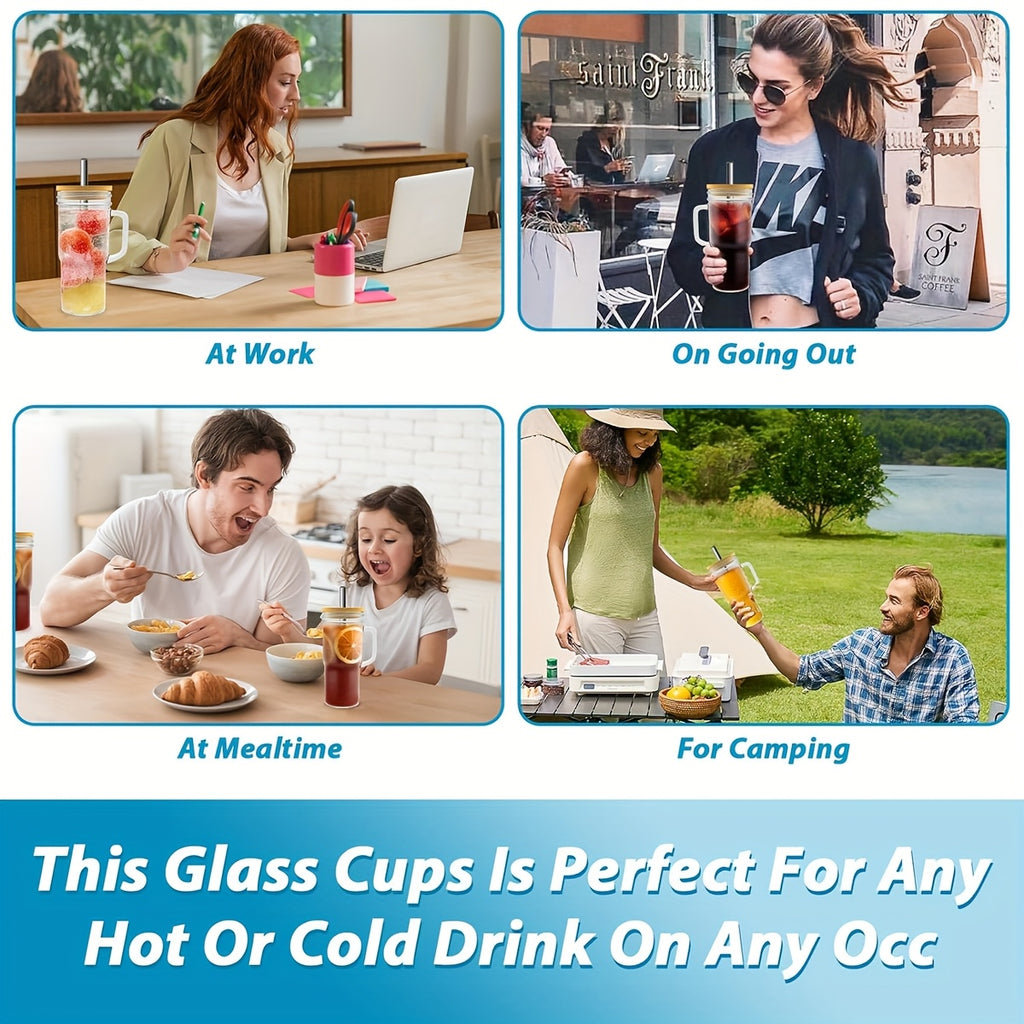 2/4pcs Handle Car Cup, 24oz High Borosilicate Glass Cup Without BPA, with Bamboo Lid And Straw, BPA Free, Thick Coffee Cup, Suitable for Juice, Milk, Cream, Milk Tea, Free Sealing Lid, Straw Brush And Cup Brush, Birthday Gift, Coffee Cup, Tea Cup, Milk