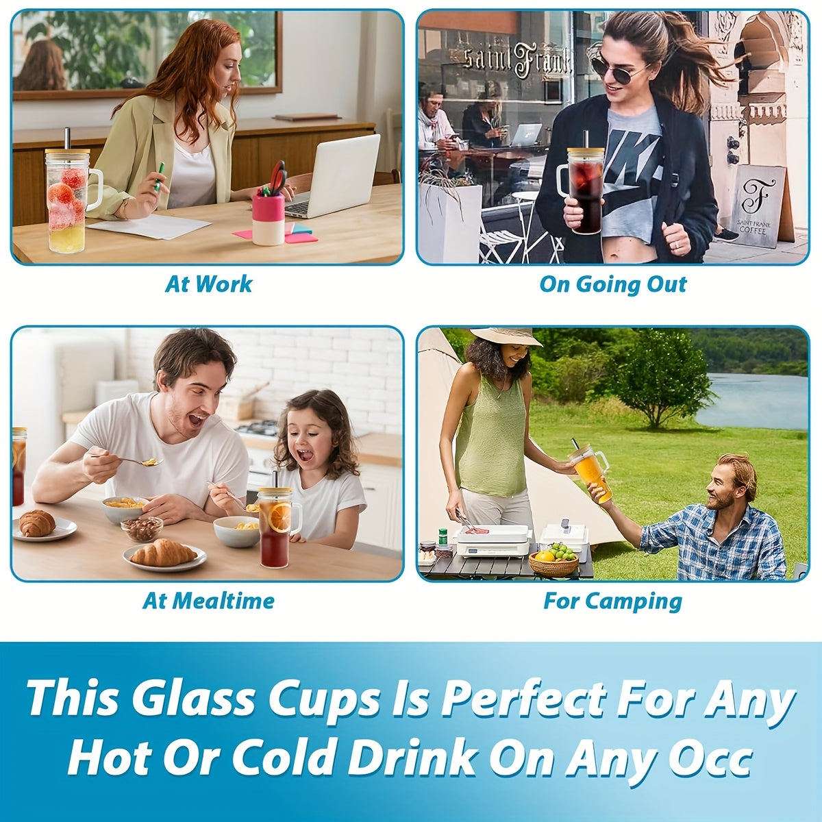 2/4pcs Handle Car Cup, 24oz High Borosilicate Glass Cup Without BPA, with Bamboo Lid And Straw, BPA Free, Thick Coffee Cup, Suitable for Juice, Milk, Cream, Milk Tea, Free Sealing Lid, Straw Brush And Cup Brush, Birthday Gift, Coffee Cup, Tea Cup, Milk