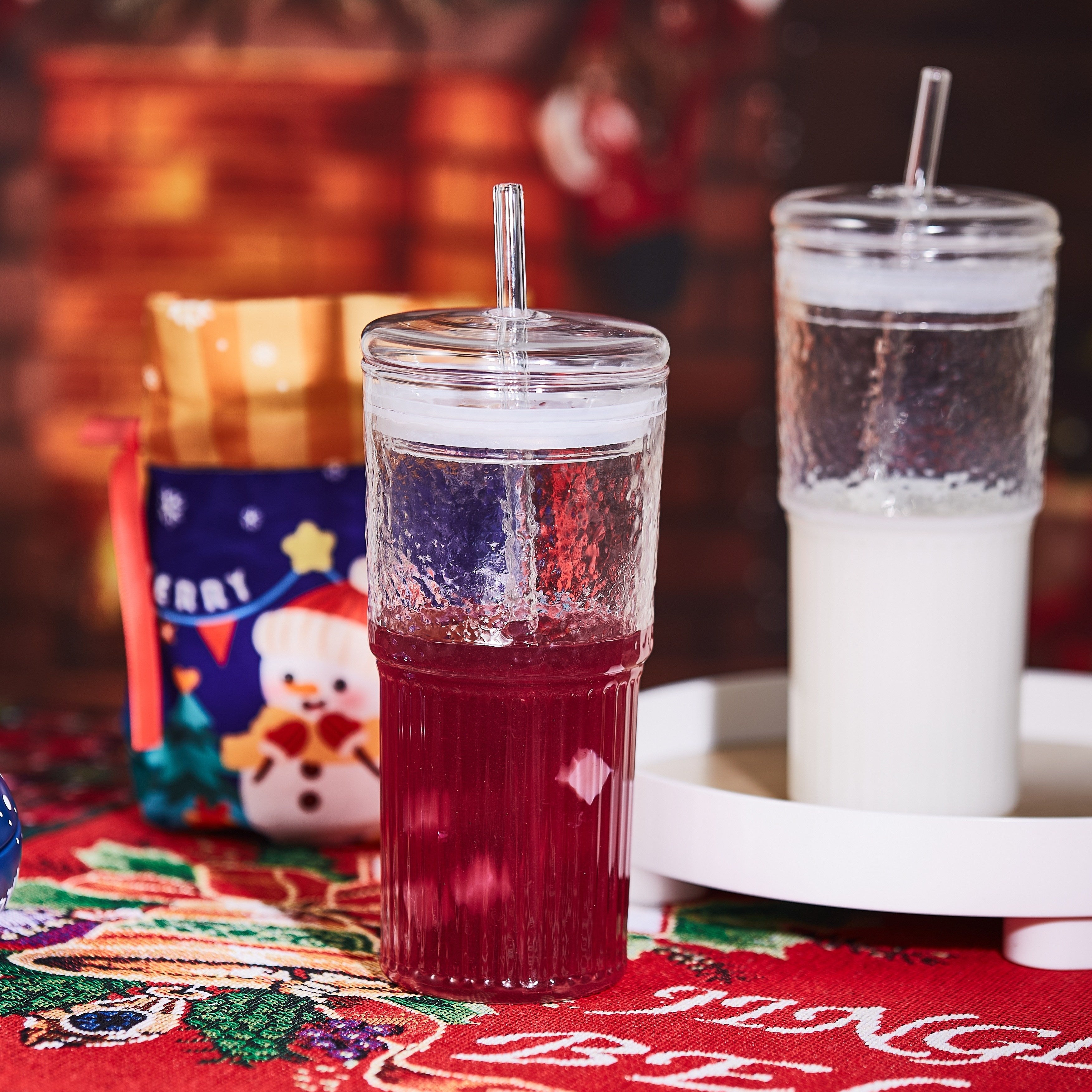 2pcs 20oz High Borosilicate Glass Espresso Cups with Lids, Straws & Brush - Vertical Stripe Design, Perfect for Iced Americano & Latte, High-Quality, Ideal Holiday Gift