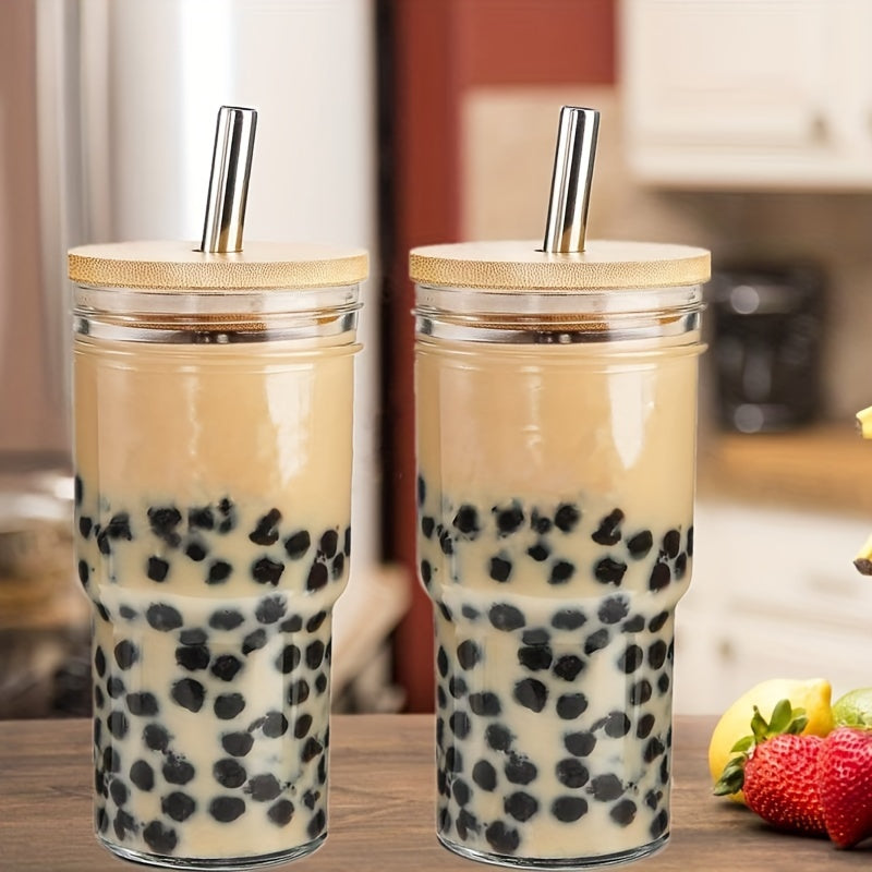 2pcs/4pcs Insulated Glass Cup Cold Drink Cup Slush Cold Drink Glass Straw Cup Water Cup Wooden Lid with Cup Cover Straw Straw Cleaner Home Cold Drink Party Beverage Accessories
