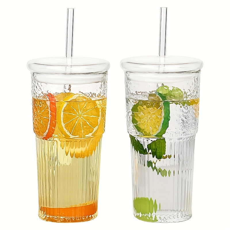 2pcs, 22oz/650ml, With Lid, Straw, Straw Brush, Ribbed Glass Cup, Reusable, Wide Mouthed Smoothie Cup, Thick Walled Glass Iced Coffee Cup, Tea Cup, Juice Cup, Also A Great Holiday, Christmas, Anniversary, Housewarming Gift For Family And Friends.