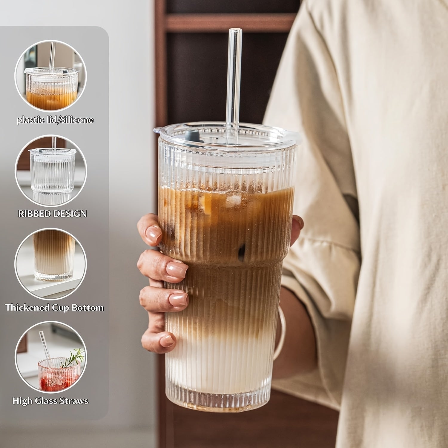 Glassware Set of 2, 600ml/20oz Ribbed Glass Barrel with Lid and Glass Straw, Thickened Glass, Perfect for Iced Coffee, Smoothies, Cocktails and Juices - Elegant and Durable Beverage Vessels