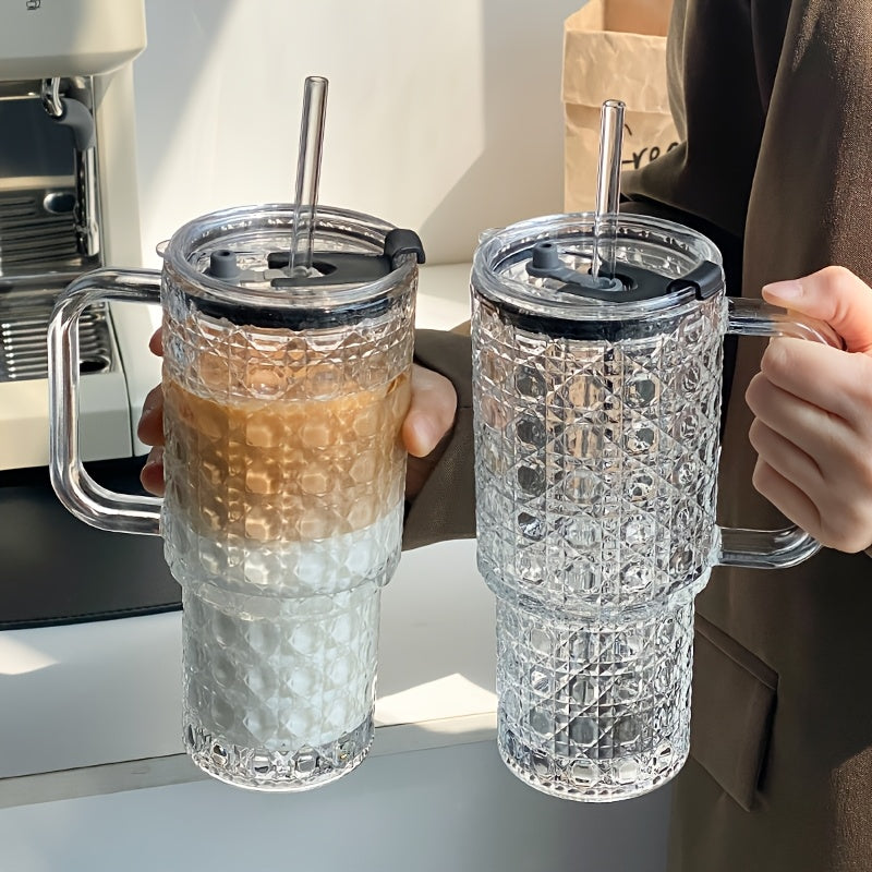 1pc 530ml/18oz Large Capacity Straw Cup with Lid, Stylish INS-Style Summer Iced Coffee Glass Tumbler, Reusable Drinking Cup for Coffee, Tea, Whiskey, Milk, Iced Americano & Latte