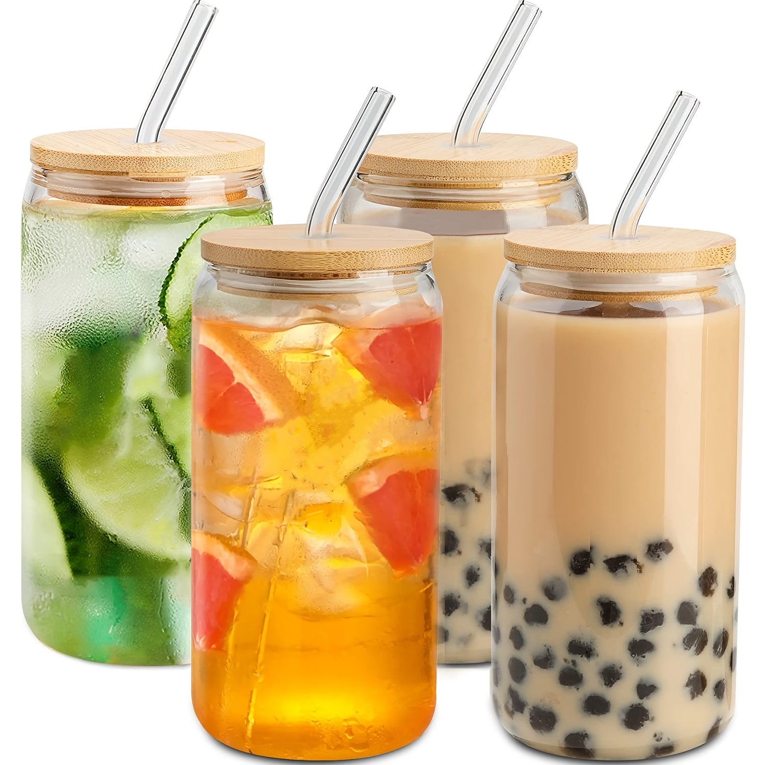 Glass Cups with Lids And Straws 4pcs, 16oz Drinking Glasses Set for Coffee Bar Accessories Iced Coffee Cups with Lids, Glass Tumbler Reusable for Gifts, Home Bar Essentials, Kitchen Glassware, Modern Drinkware, Contemporary Cups, Leadfree Material,
