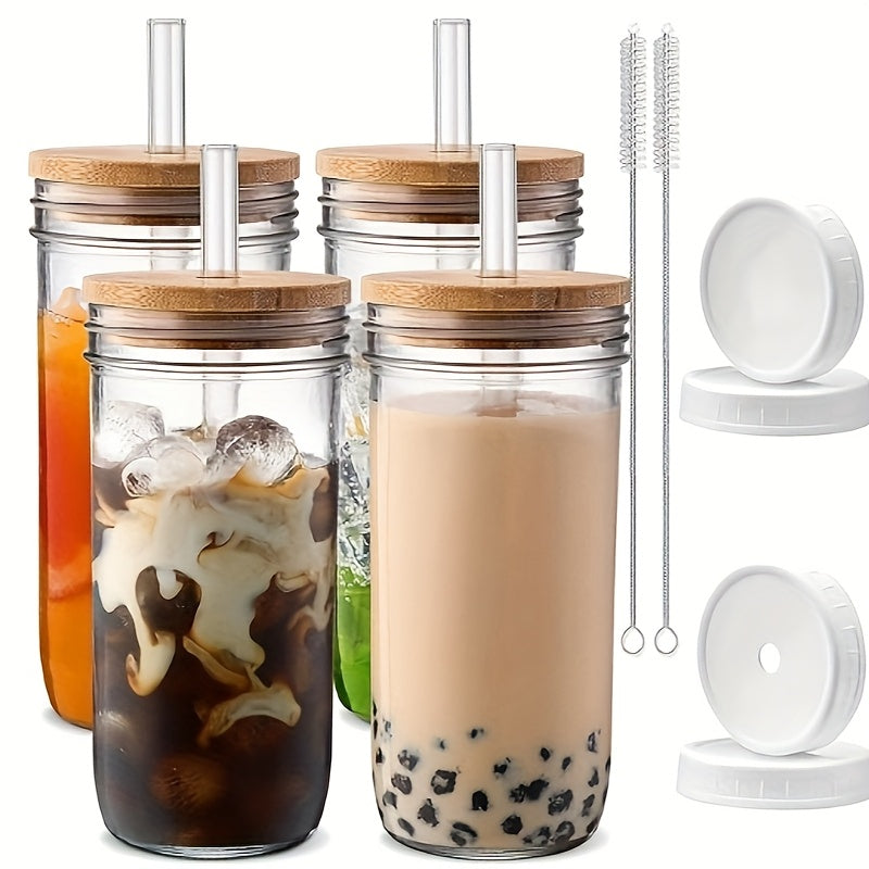 8pcs (4 Cups+4 Lids) Novelty Tableware With Double Lid Design And Glass Straws, Suitable For Yogurt, Tea, Milk, Iced Coffee, Salad As Birthday Gifts For Wives And Mothers, With Straw Cleaning Brush Included