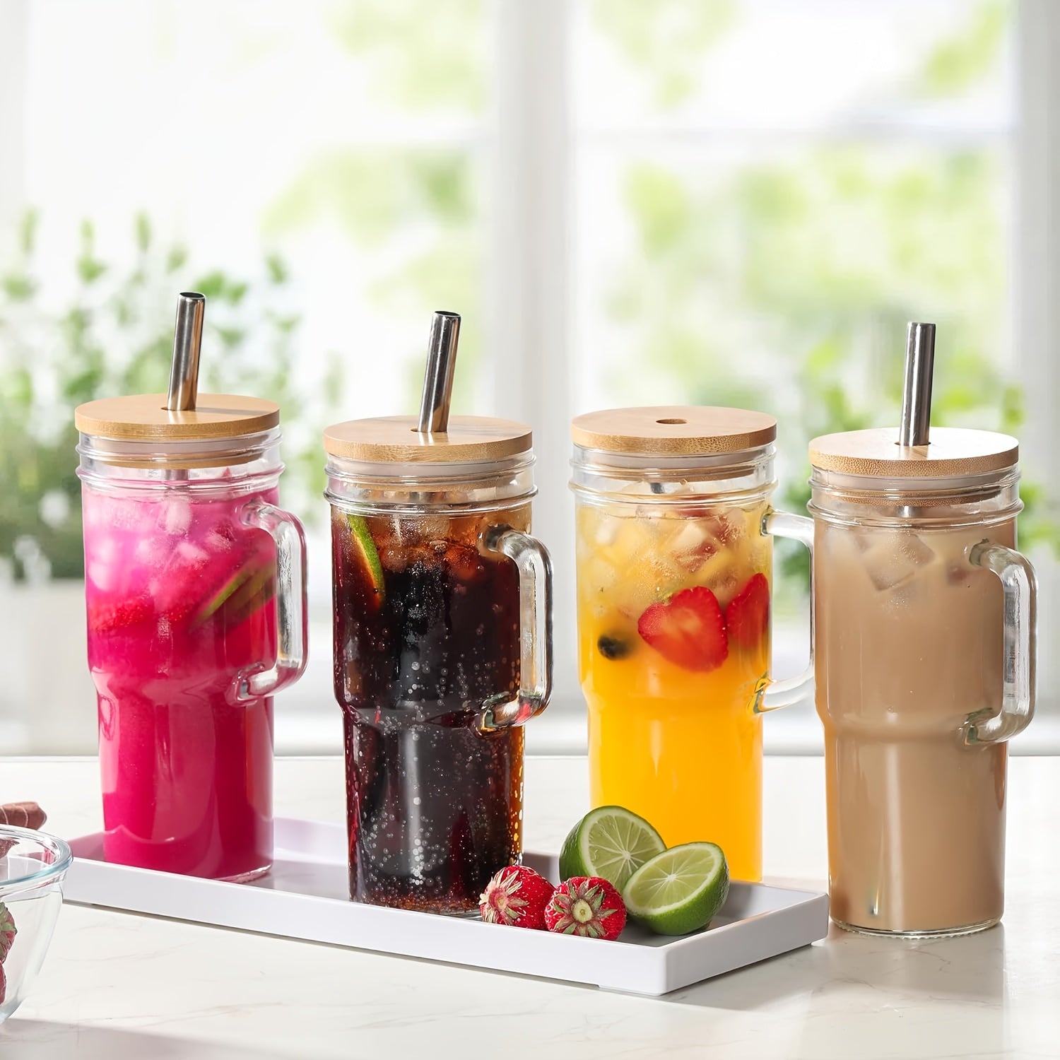 2/4pcs Glasses with Lids And Straws 24oz/700ml Mason Jar Beverage Mugs with handles Straw Brush Cup Brush for Iced Tea Or Coffee, Christmas, Halloween, Gift Mugs, Best for Christmas