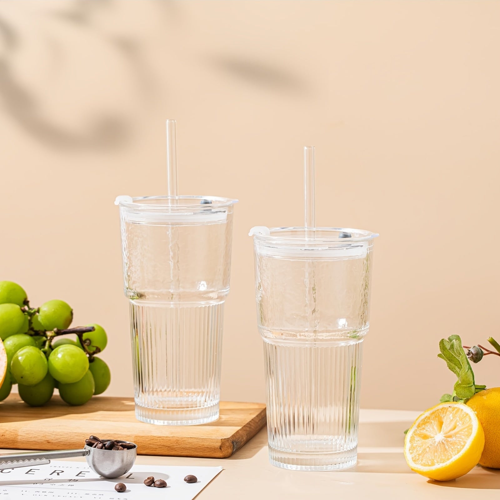 Glasses With Lid And Straw, Set Of 4 - Stylish Ribbed Design Drinking Cups For Iced Coffee Cups, Juices, Smoothies, Cold Drinks, Cleaning Brushes Included, Durable Glassware