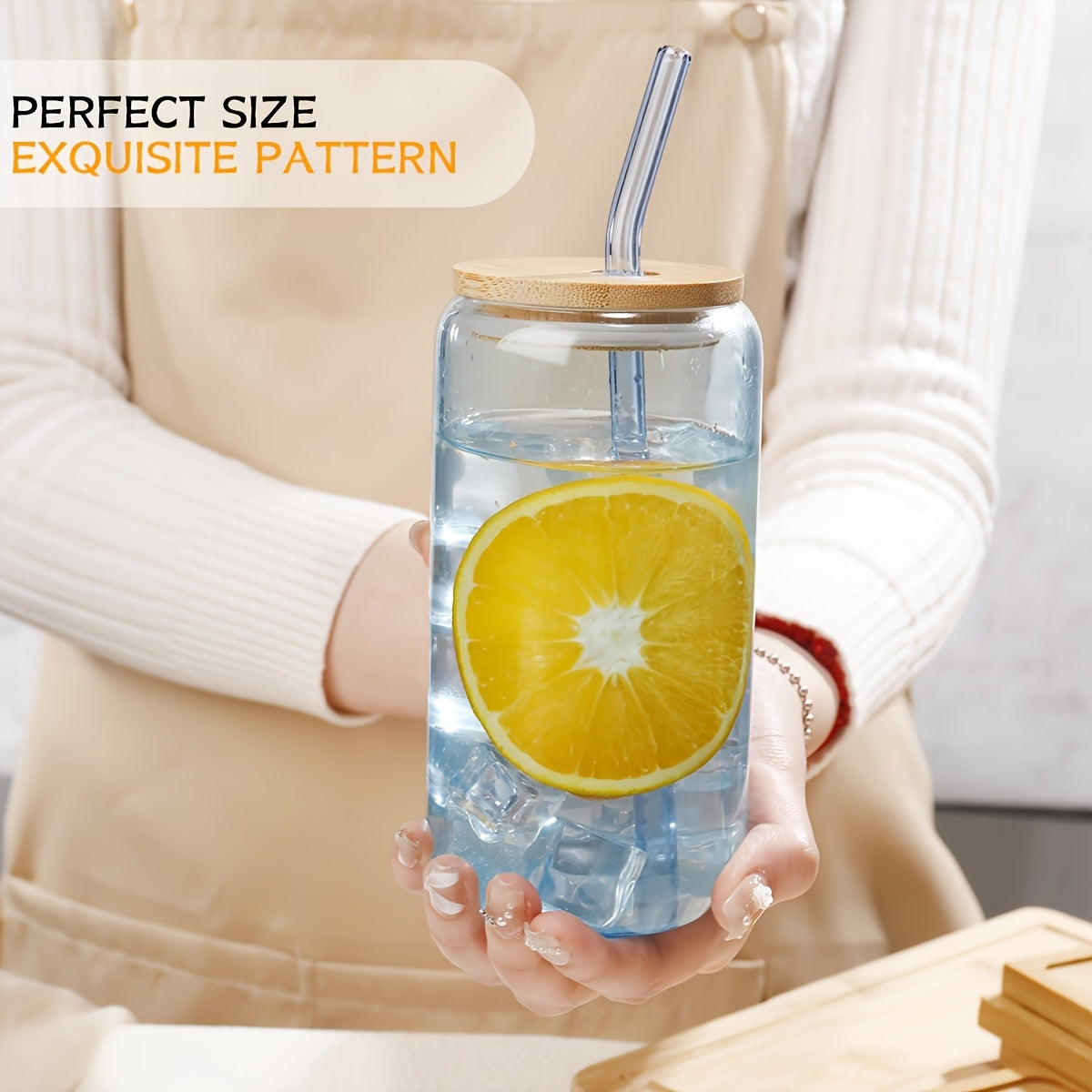 4pcs Glass, 16 Oz (approx. 473.2 Ml) Drinking Mug With Bamboo Lid And Glass Straw, Pretty Jar Shaped Glasses For Parties, Great For Delicious Smoothies, Juices, Coffee - 2 Cleaning Brushes