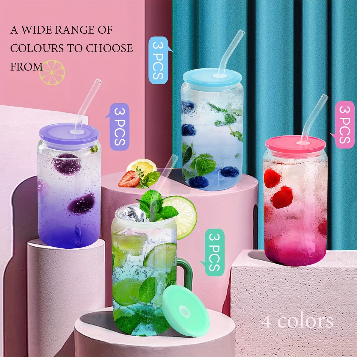 12 Packs 16 Oz Glass Cups With Acrylic Lids And Straws Can Shaped Glass Iced Coffee Cups With Lids, Gradient Drinking Glasses Cute Tumbler Cup Great For Smoothie Soda Boba Tea Cocktail Beer Gift