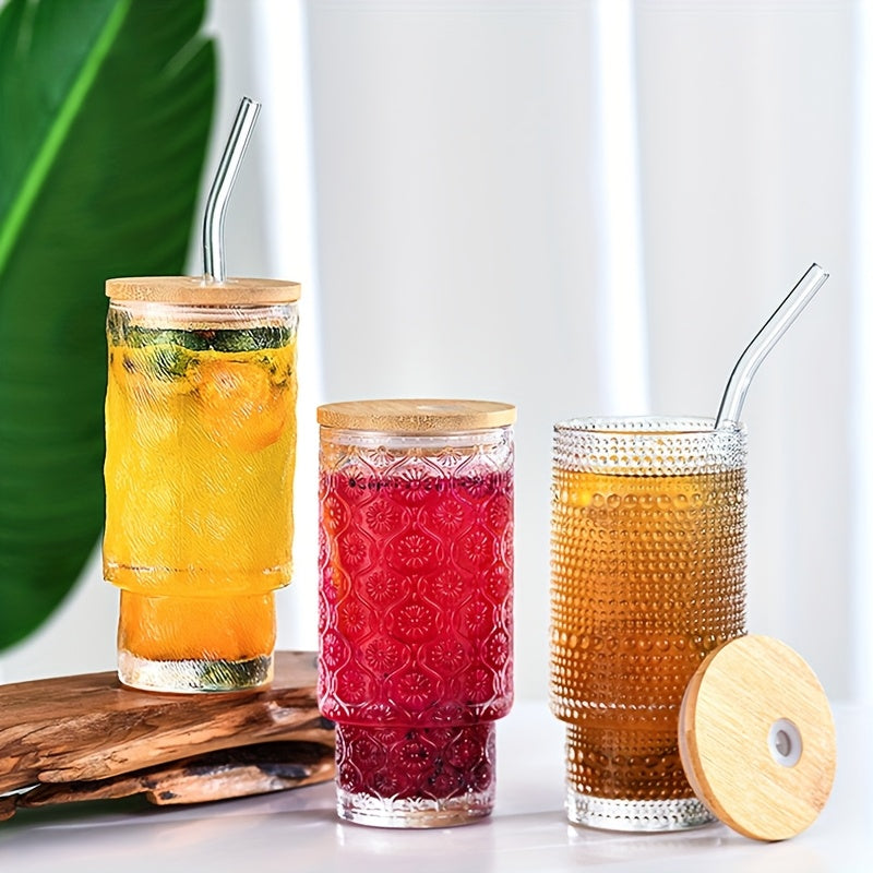 Glass Cups with Lids And Straws 4 Packs, Bamboo Mason Jar Valentines Party Drinking Jars Glasses, 11oz Beaded Glassware, Vintage Glassware Set, Embossed Vintage Drinking Glasses for Beer, Cocktail, Soda, Iced Coffee, Smoothie, Tea, Water
