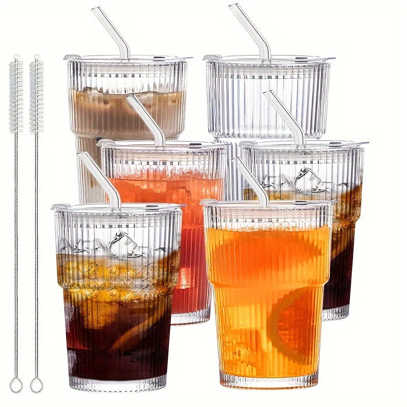 6pcs, 200ml/6.8oz Stackable Ribbed Glass Cups, Iced Coffee Cups, Juice Cups, Vertical Striped Retro Glass Cups, Reusable Glass Cups, Suitable for Halloween, Christmas, Easter, Thanksgiving