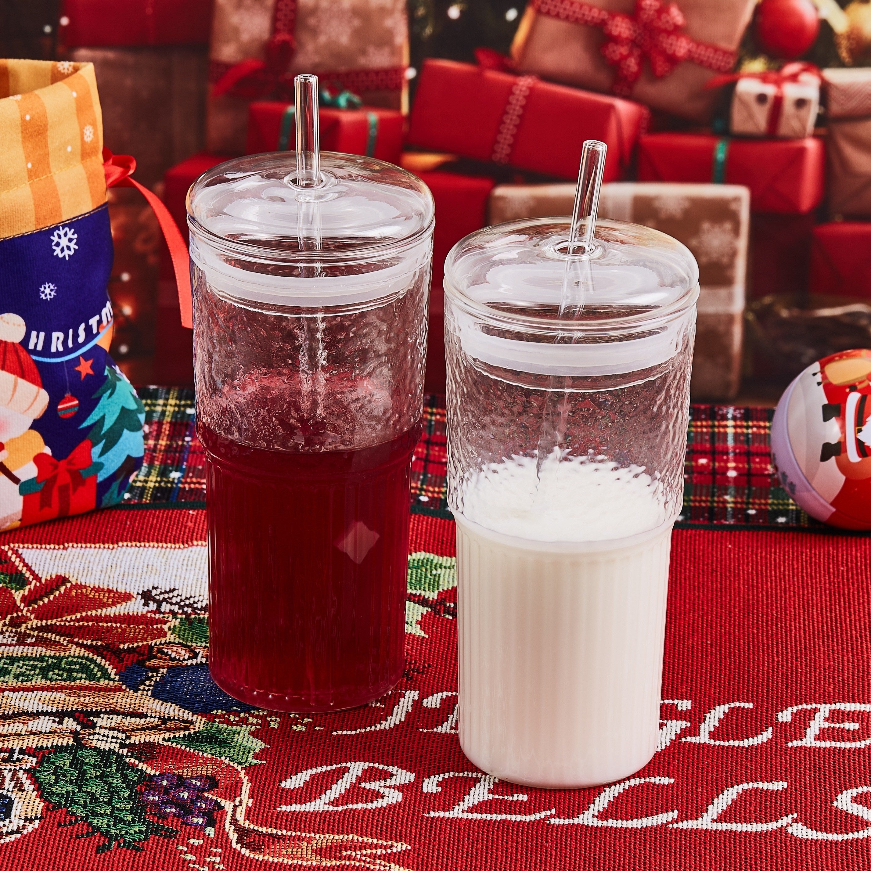2pcs 20oz High Borosilicate Glass Espresso Cups with Lids, Straws & Brush - Vertical Stripe Design, Perfect for Iced Americano & Latte, High-Quality, Ideal Holiday Gift