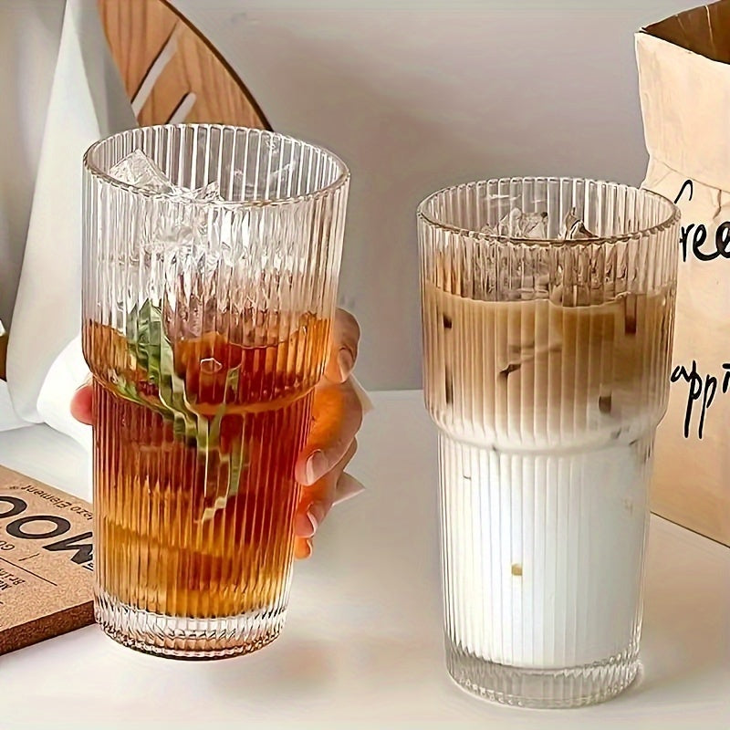 1pc 20.29oz Large Striped Glass Cup with Lid - Insulated, Reusable for Cold Drinks, Juice & Coffee - Ideal for Home, Office, and Holiday Gatherings, Hand Wash Only, Versatile Drinkware | Stylish Drinkware | Insulated Glass Cup