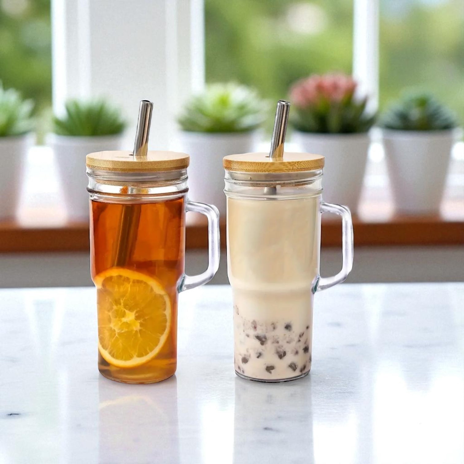2 PACK, 24oz Glass Tumbler with Handle and Lid, Glass Cup, Jar Cup with Bamboo Lid & Stainless Steel Straw for Iced Coffee, Boba, Tea, Smoothie, Juice, Dishwasher Safe