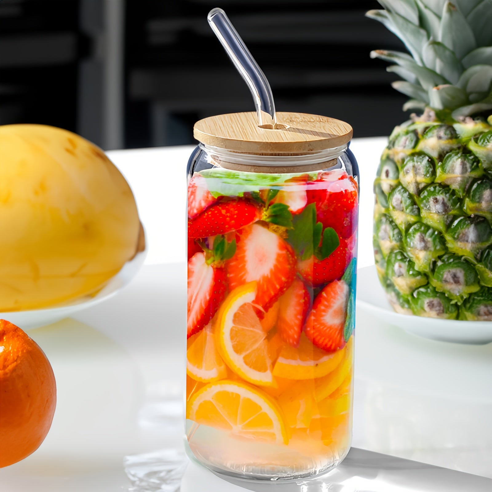 Glass Cups with Lids And Straws 4pcs, 16oz Drinking Glasses Set for Coffee Bar Accessories Iced Coffee Cups with Lids, Glass Tumbler Reusable for Gifts, Home Bar Essentials, Kitchen Glassware, Modern Drinkware, Contemporary Cups, Leadfree Material,