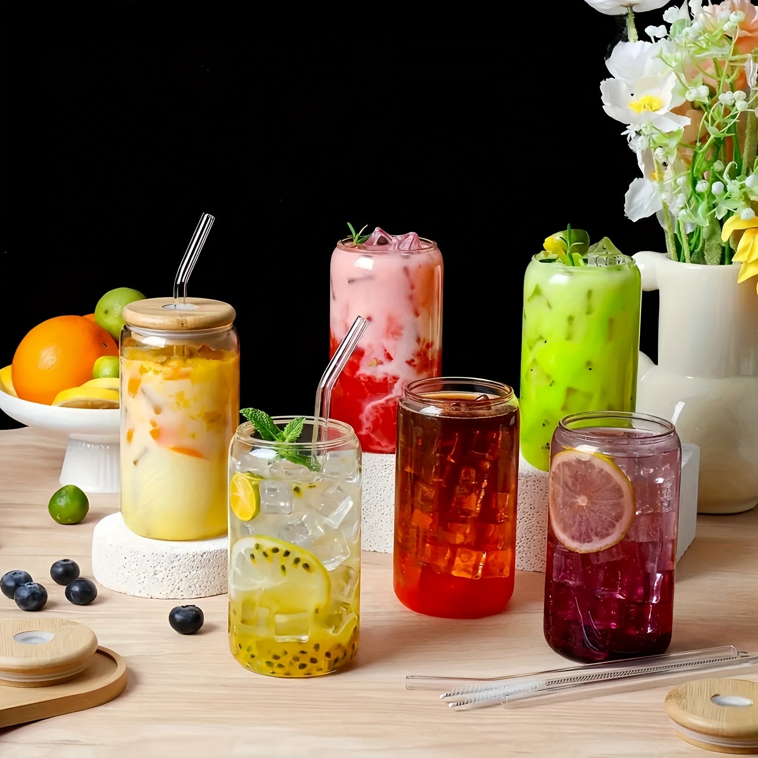 8pcs, Glass Cup, Glass Cup with Lid And Straw, Mason Jar Drinking Cup, Iced Coffee Cup, Glass Cup with Bamboo Lid, Exquisite Water Cup, Reusable Straw Cup, Suitable for Family Gatherings, 18.7oz/550ml