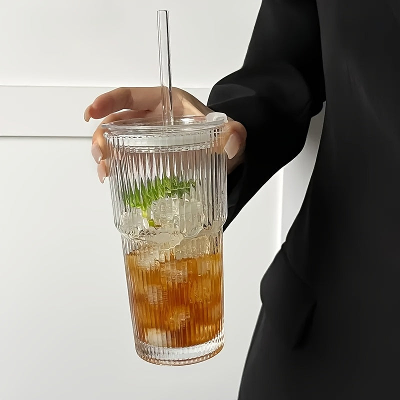 1/2pcs Stylish Striped Glass with Straw And Lid - High-value Glass Holds Approx. 18.6-20.29oz Of Water, Perfect for Coffee, Tea, Iced Milk Americano And Lattes, A Long-lasting Beverage Glass!