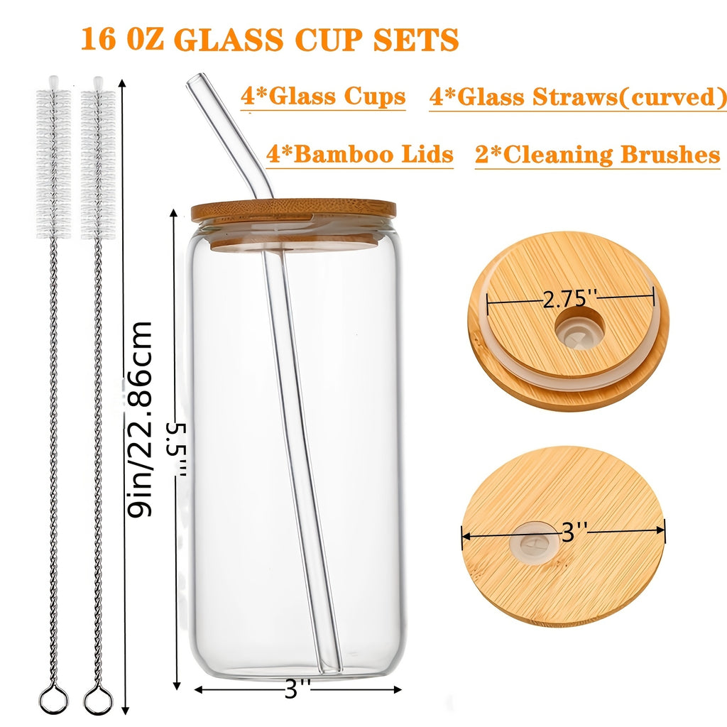 Glass Cups with Lids And Straws 4pcs, 16oz Drinking Glasses Set for Coffee Bar Accessories Iced Coffee Cups with Lids, Glass Tumbler Reusable for Gifts, Home Bar Essentials, Kitchen Glassware, Modern Drinkware, Contemporary Cups, Leadfree Material,