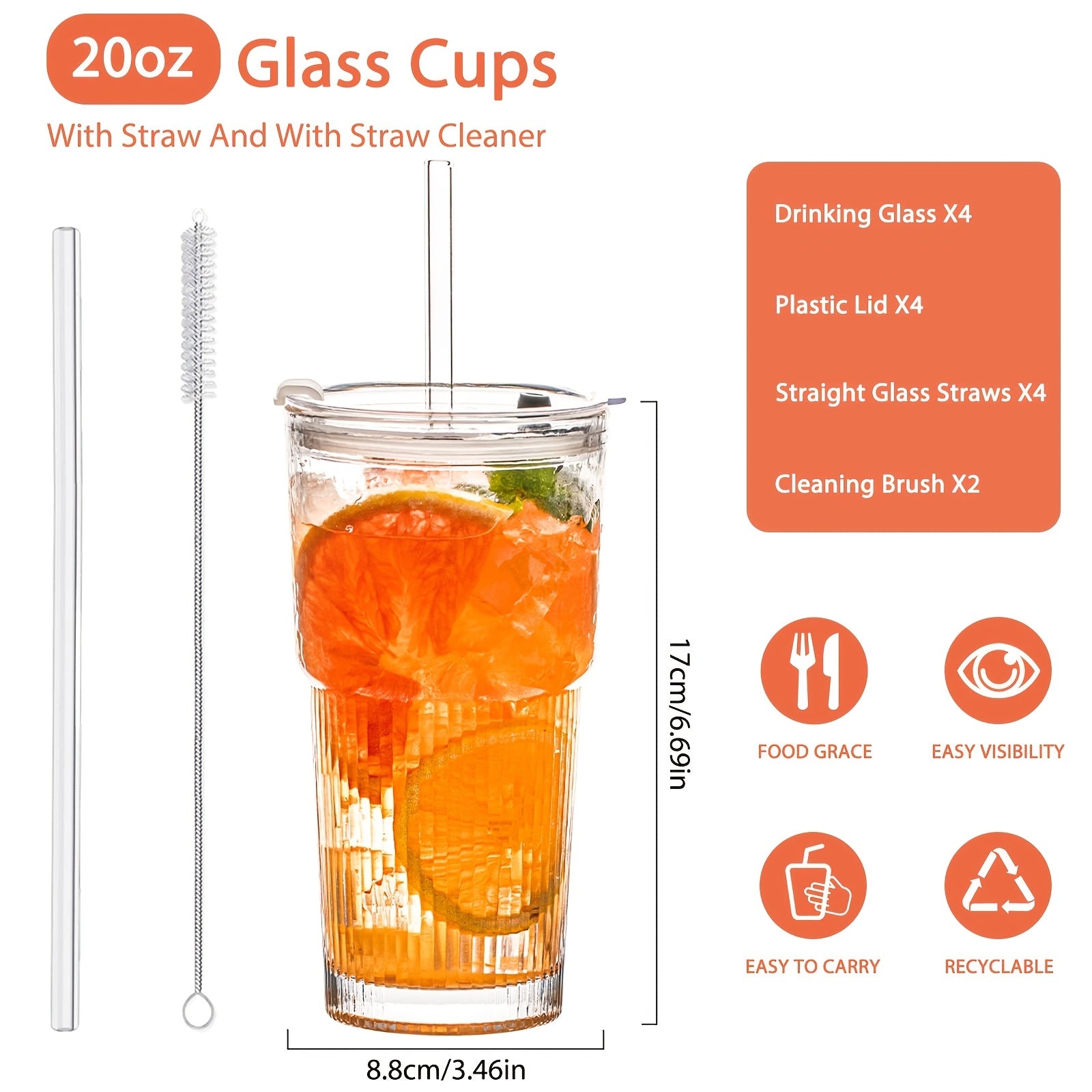 Glasses With Lid And Straw, Set Of 4 - Stylish Ribbed Design Drinking Cups For Iced Coffee Cups, Juices, Smoothies, Cold Drinks, Cleaning Brushes Included, Durable Glassware
