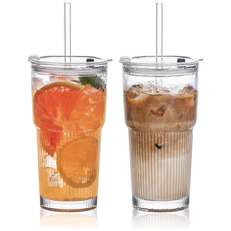Glassware Set of 2, 600ml/20oz Ribbed Glass Barrel with Lid and Glass Straw, Thickened Glass, Perfect for Iced Coffee, Smoothies, Cocktails and Juices - Elegant and Durable Beverage Vessels