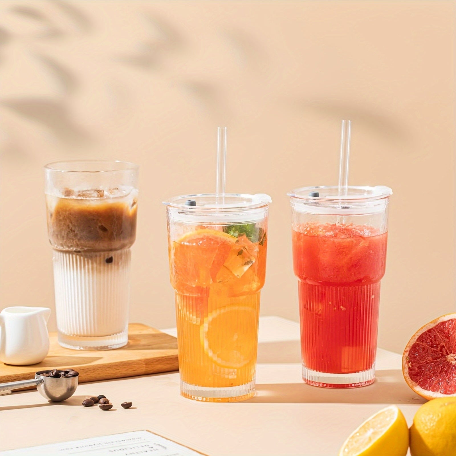 Glasses With Lid And Straw, Set Of 4 - Stylish Ribbed Design Drinking Cups For Iced Coffee Cups, Juices, Smoothies, Cold Drinks, Cleaning Brushes Included, Durable Glassware