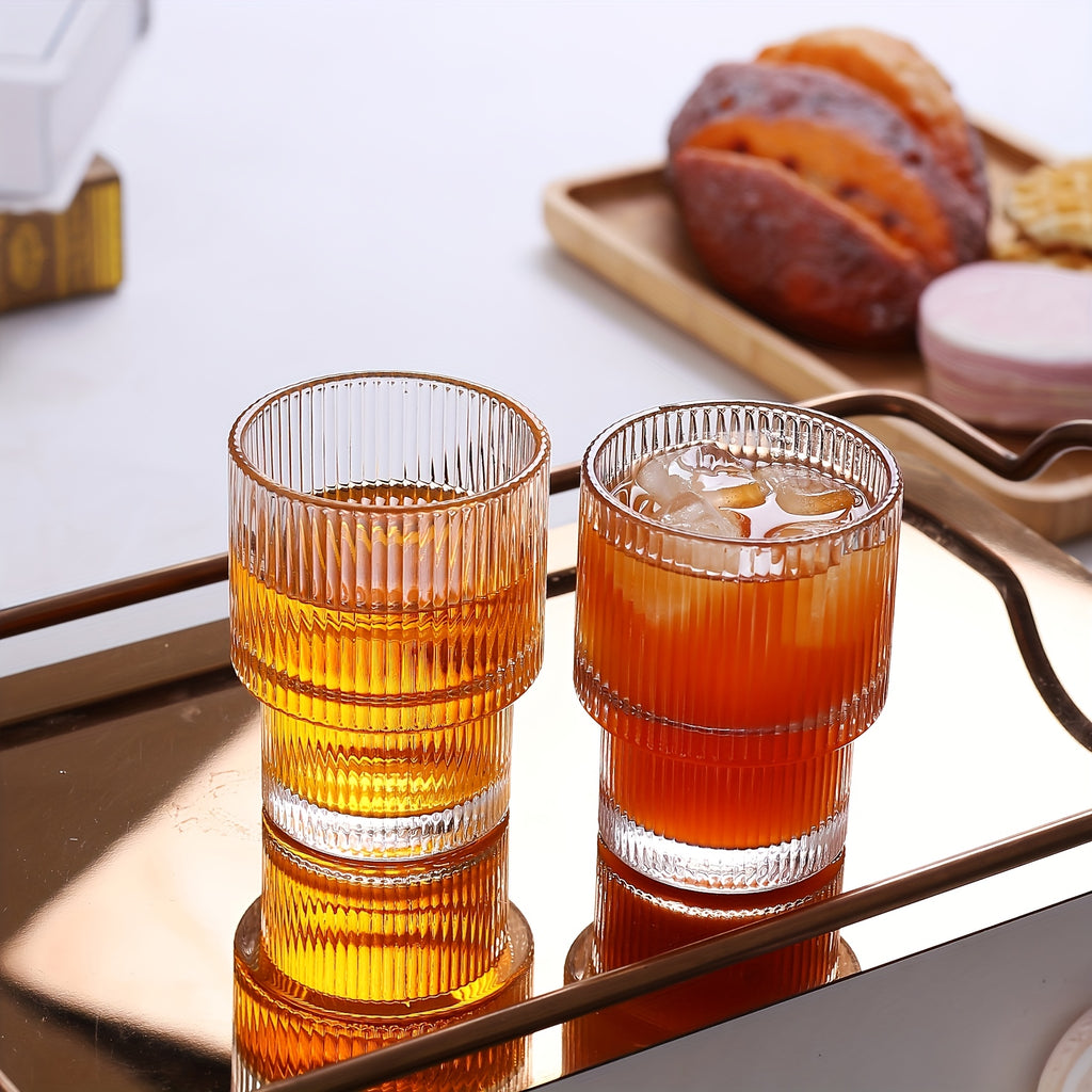 6pcs, 200ml/6.8oz Stackable Ribbed Glass Cups, Iced Coffee Cups, Juice Cups, Vertical Striped Retro Glass Cups, Reusable Glass Cups, Suitable for Halloween, Christmas, Easter, Thanksgiving