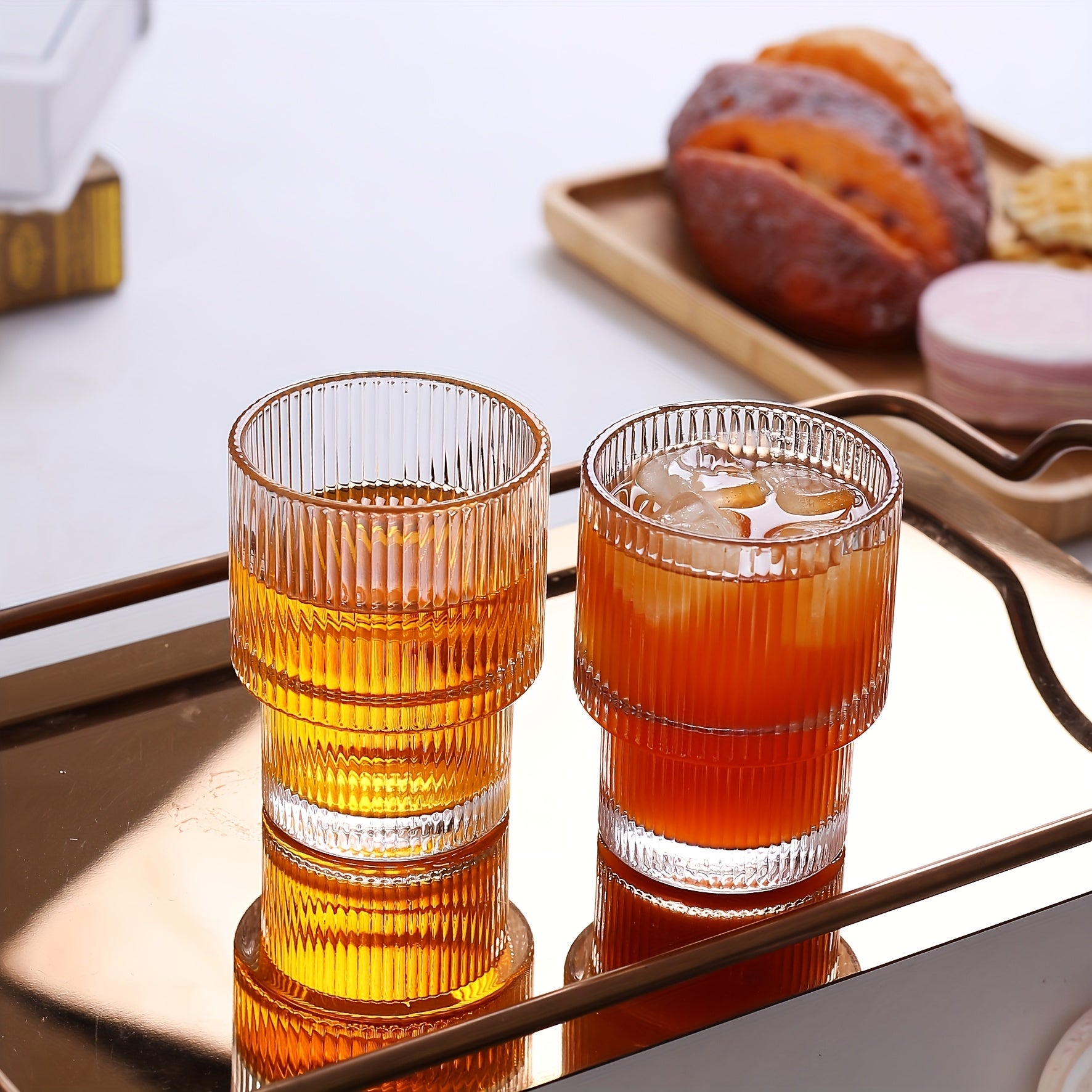 6pcs, 200ml/6.8oz Stackable Ribbed Glass Cups, Iced Coffee Cups, Juice Cups, Vertical Striped Retro Glass Cups, Reusable Glass Cups, Suitable for Halloween, Christmas, Easter, Thanksgiving