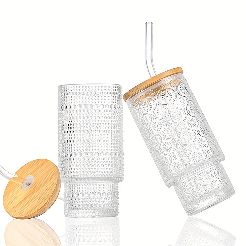 Glass Cups with Lids And Straws 4 Packs, Bamboo Mason Jar Valentines Party Drinking Jars Glasses, 11oz Beaded Glassware, Vintage Glassware Set, Embossed Vintage Drinking Glasses for Beer, Cocktail, Soda, Iced Coffee, Smoothie, Tea, Water