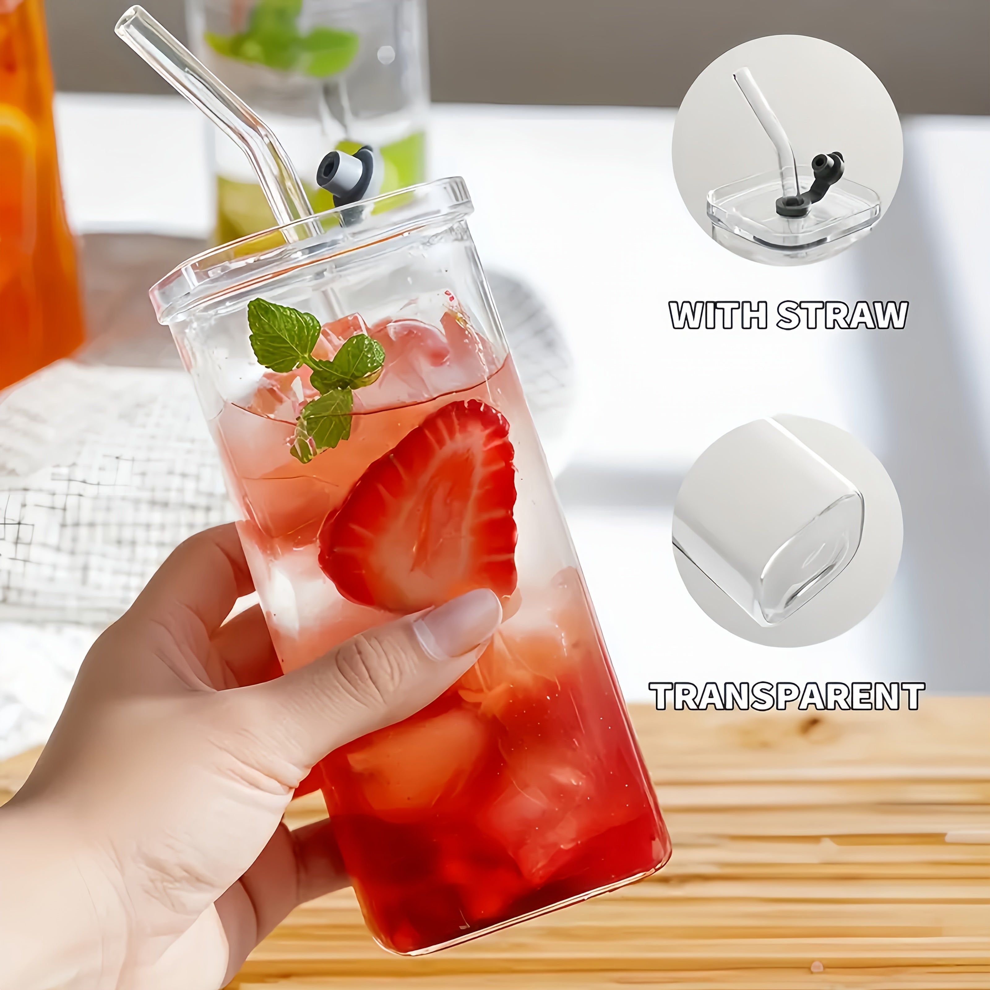 6pcs Square Glass Cups with Lids & Straws - Insulated Reusable Drinking Glasses, Scratch-Resistant Hand-Drawn Geometric Design for Iced Coffee, Cocktails, Office, Parties, Home, School & Outdoor Use - Perfect Father’s Day, Christmas, Mother’s Day Gift