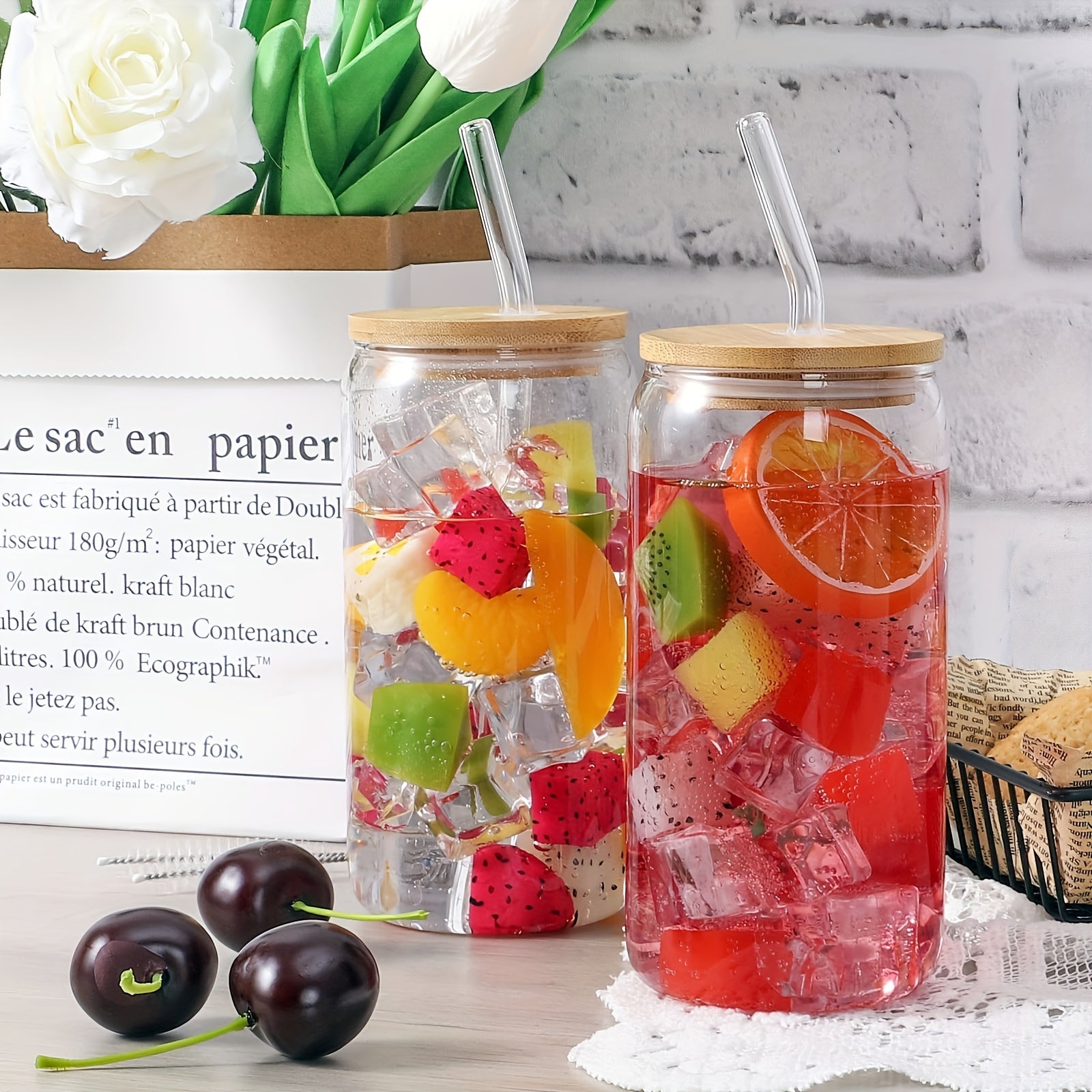 8 Glass Cup with Bamboo Lids And Straws, Jar Shaped Glass Cup, Iced Coffee Cup, Family Birthday Party Drinking Utensils, Cleaning Brushes Included, Suitable for Juice, Drinks, Tea, Milk Glass Cups Gift Sets