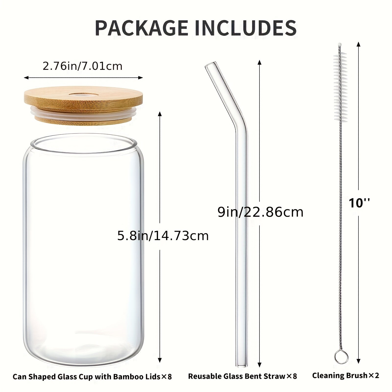 8 Glass Cup with Bamboo Lids And Straws, Jar Shaped Glass Cup, Iced Coffee Cup, Family Birthday Party Drinking Utensils, Cleaning Brushes Included, Suitable for Juice, Drinks, Tea, Milk Glass Cups Gift Sets