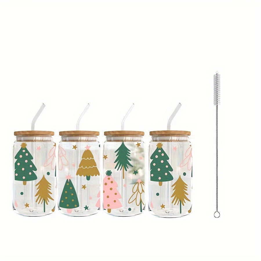 4pcs, 550ml Christmas Tree Glass With Lid And Straw, Home Office Cup, Tea, Beer, Cola, Milk Cup