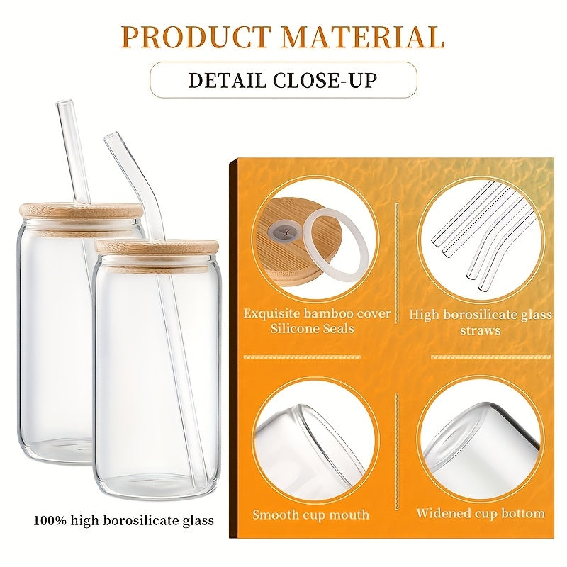 12pcs Glass Set, 16oz Iced Coffee Mug with Bamboo Lid And Glass Straw - Canister Shaped Clear Glass Drink Cups for Smoothies, Boba Tea, Whiskey, And Water In A Cute Non-tipping Glass - 4 Cleaning Brushes.
