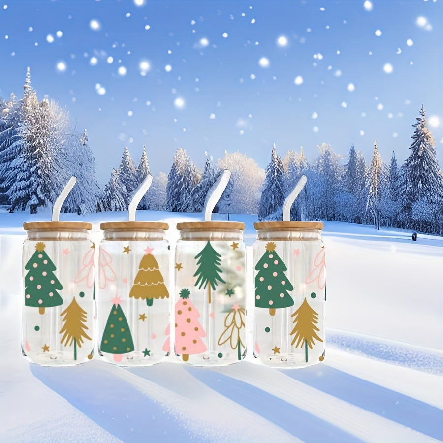 4pcs, 550ml Christmas Tree Glass With Lid And Straw, Home Office Cup, Tea, Beer, Cola, Milk Cup