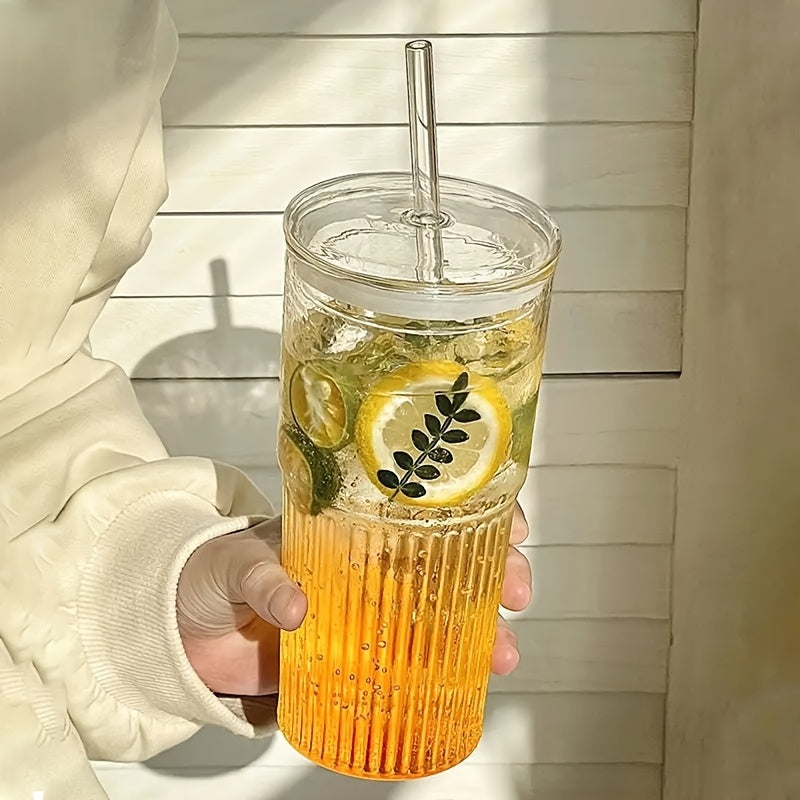 2pcs, 22oz/650ml, with lid, straw and straw brush, retro and modern embossed design, easy to clean, dishwasher safe, reusable glass wide mouth smoothie cup, thick wall Glass ice coffee mug, suitable for cold drinks, hot drinks, tea and other beverages,