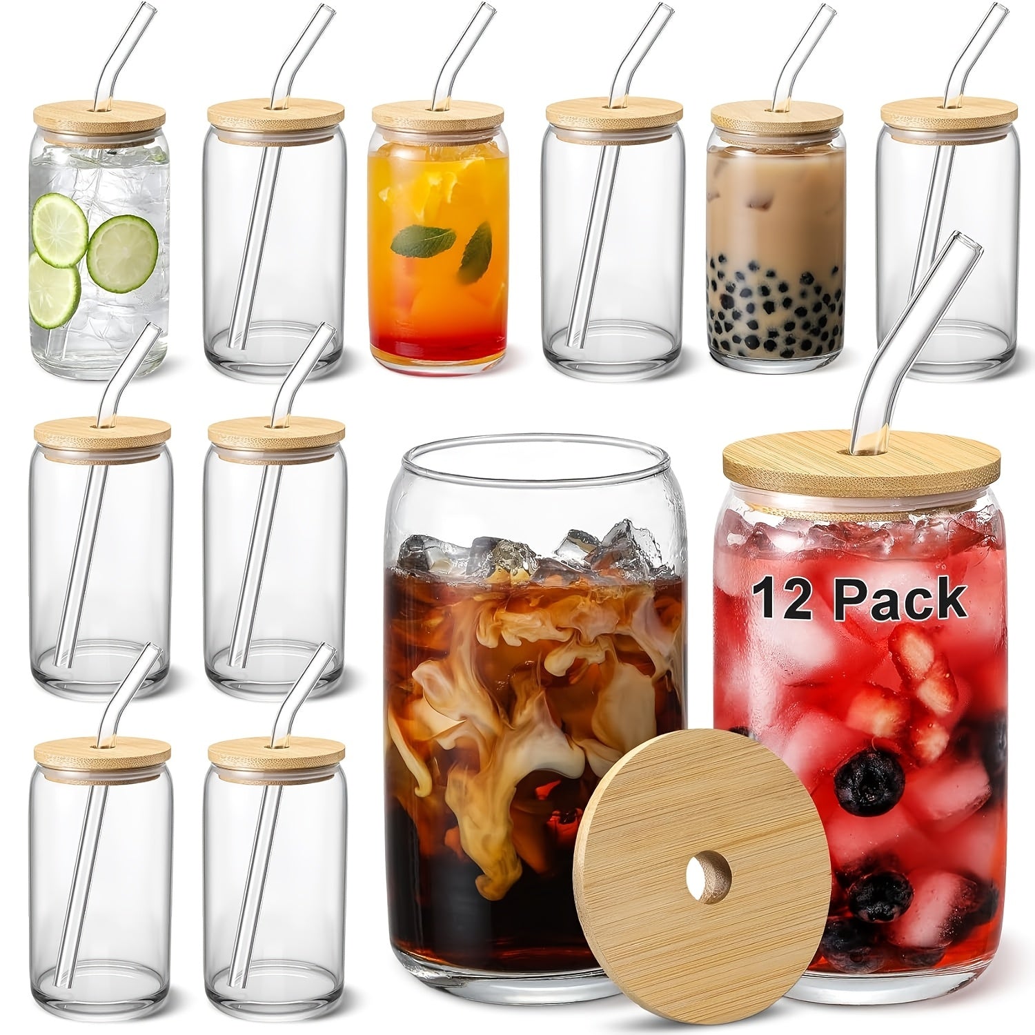 12pcs Glass Set, 16oz Iced Coffee Mug with Bamboo Lid And Glass Straw - Canister Shaped Clear Glass Drink Cups for Smoothies, Boba Tea, Whiskey, And Water In A Cute Non-tipping Glass - 4 Cleaning Brushes.