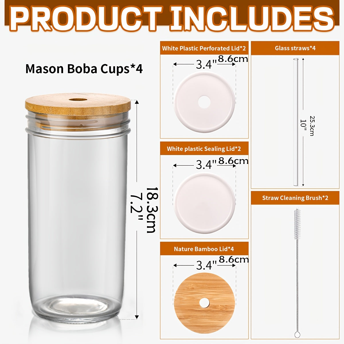 4pcs Reusable Glass Tumblers with Lids & Straws - 24oz Oval-Shaped Cups for Smoothies, Iced Coffee, Sun Tea - Durable, Hand Wash Only, Perfect for Parties & Home Use, Party Drinkware | Modern Tumbler Design | Durable Glassware, Glass Tumblers for Drinks