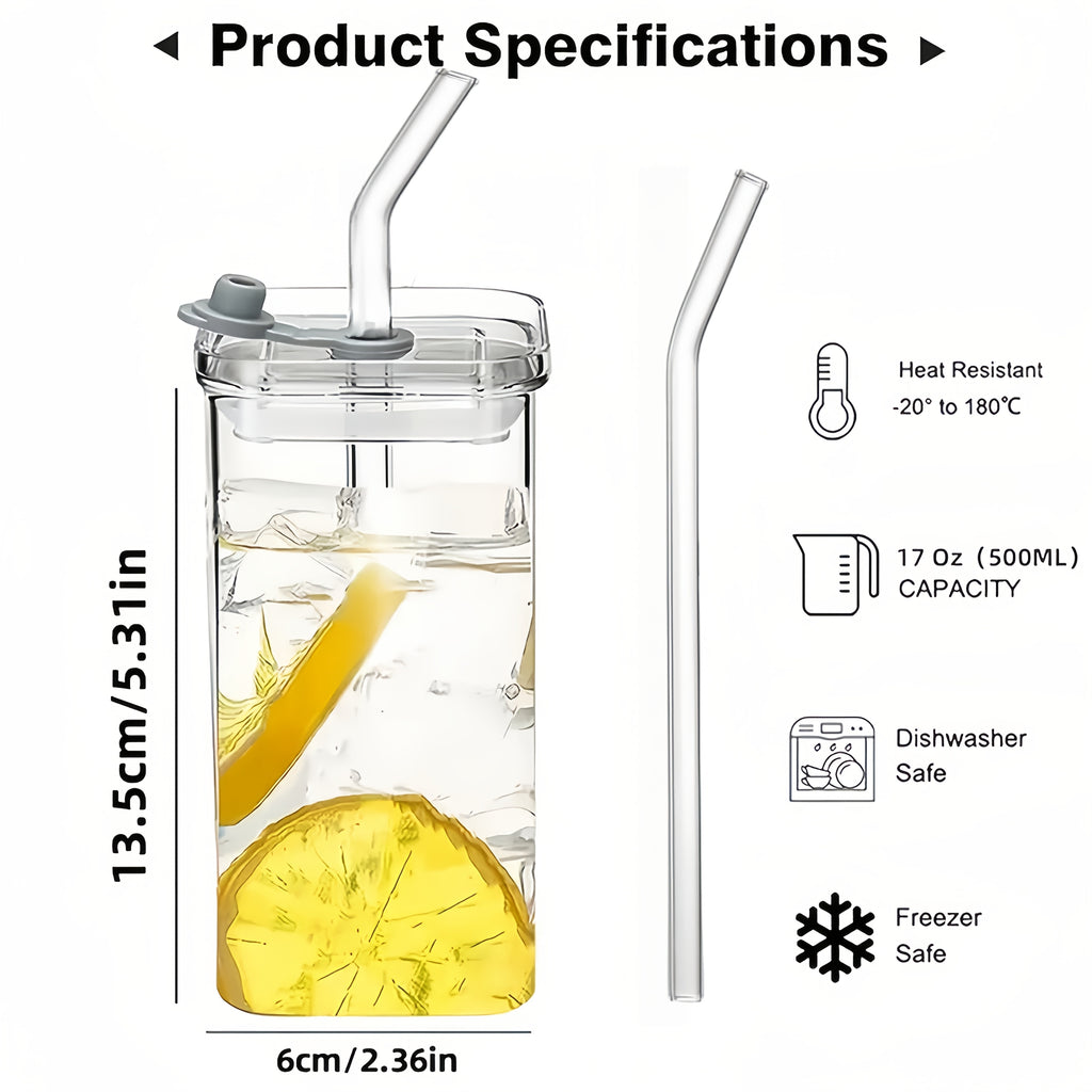 6pcs Square Glass Cups with Lids & Straws - Insulated Reusable Drinking Glasses, Scratch-Resistant Hand-Drawn Geometric Design for Iced Coffee, Cocktails, Office, Parties, Home, School & Outdoor Use - Perfect Father’s Day, Christmas, Mother’s Day Gift