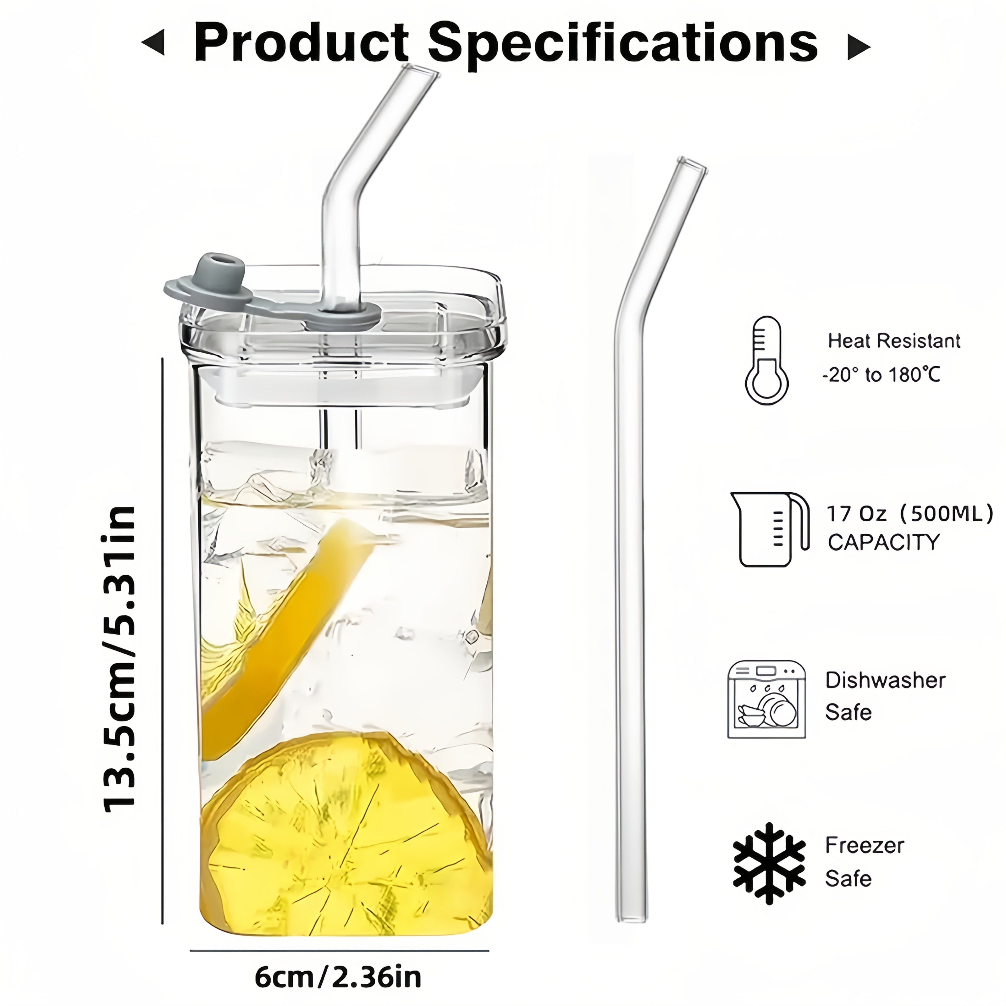 6pcs Square Glass Cups with Lids & Straws - Insulated Reusable Drinking Glasses, Scratch-Resistant Hand-Drawn Geometric Design for Iced Coffee, Cocktails, Office, Parties, Home, School & Outdoor Use - Perfect Father’s Day, Christmas, Mother’s Day Gift