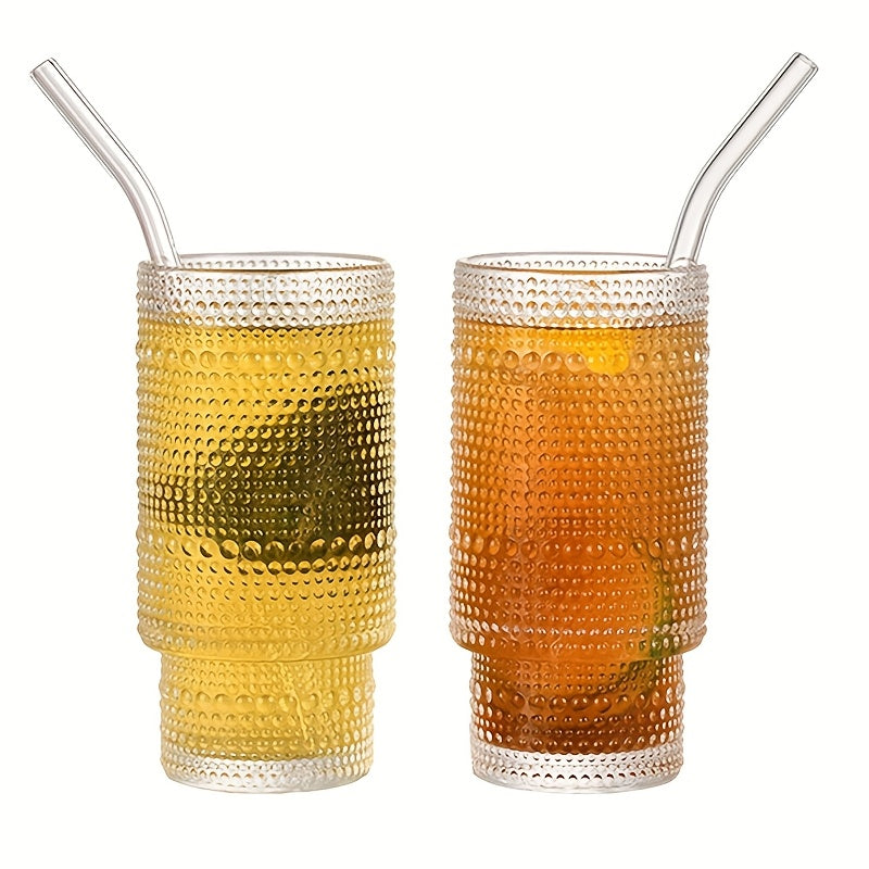 Glass Cups with Lids And Straws 4 Packs, Bamboo Mason Jar Valentines Party Drinking Jars Glasses, 11oz Beaded Glassware, Vintage Glassware Set, Embossed Vintage Drinking Glasses for Beer, Cocktail, Soda, Iced Coffee, Smoothie, Tea, Water